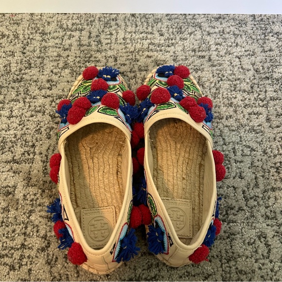 Tory Burch Ellis Embroidered Pom Pom Leather Espadrille Mules Size 7 - Picture 5 of 9